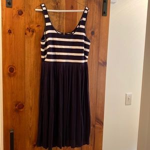 J.Crew striped top, back zip, flowy dress, size 14. Color: Navy Blue + white